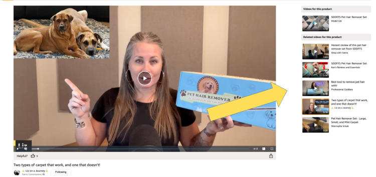 Amazon product listing's upper video carousel expanded, with an arrow indicating Amazon Influencer Program video content