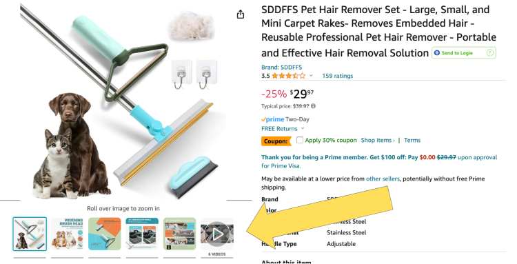 Amazon product listing screenshot with an arrow highlighting the video slot location in the main image carousel for the Amazon Influencer Program