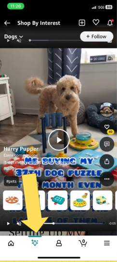 Amazon mobile app navigation showing Inspire feed icon location for shoppable social content
