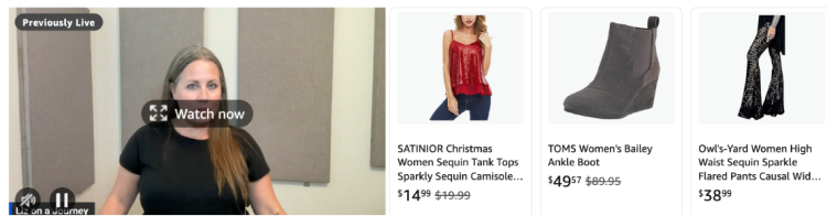 Archived Amazon Live stream showing host demonstrating product with viewer engagement metrics