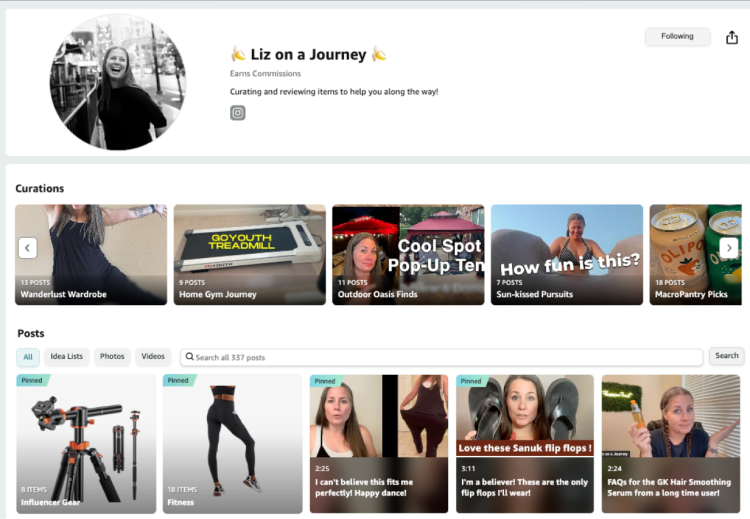 Amazon Influencer storefront page showing curated product recommendations and social media links