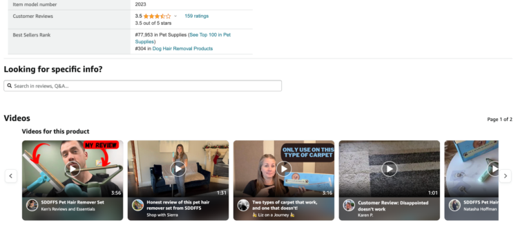 Amazon product listing's lower video carousel showing brand videos, customer uploads, and Amazon Influencer content