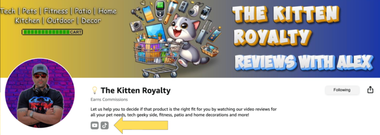 Amazon Influencer storefront header with arrow indicating social media links location for creator contact